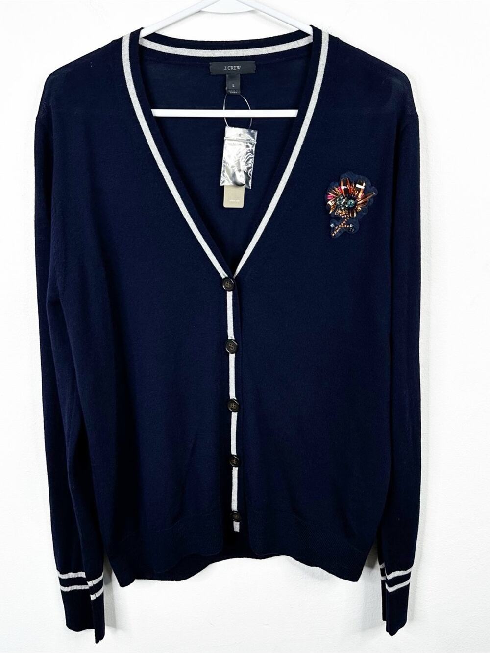 NEW J. Crew Cardigan 100% Merino Wool Navy Blue Jewel Embellished Sweater Large